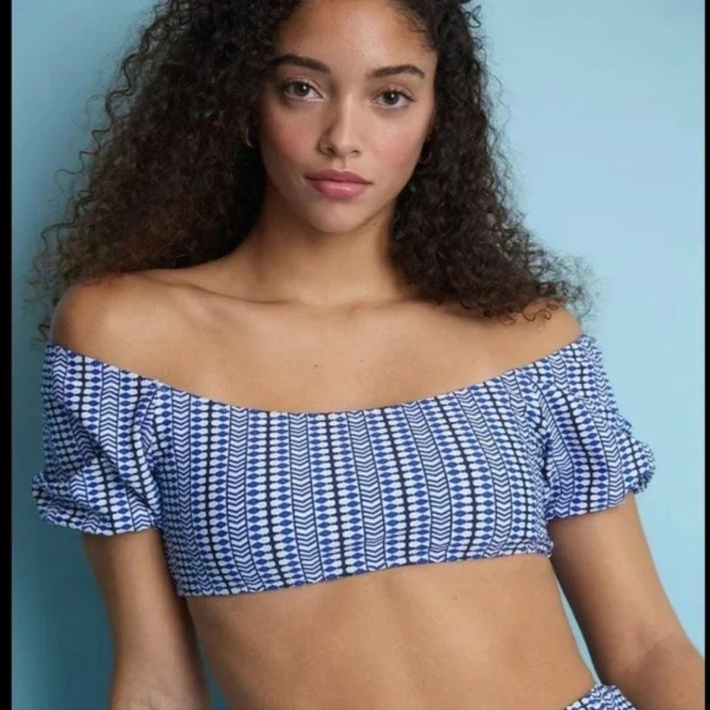 Lemlem Geometric Blue‎ Lola Pouf Short Sleeve Women M Resortwear Swim Top